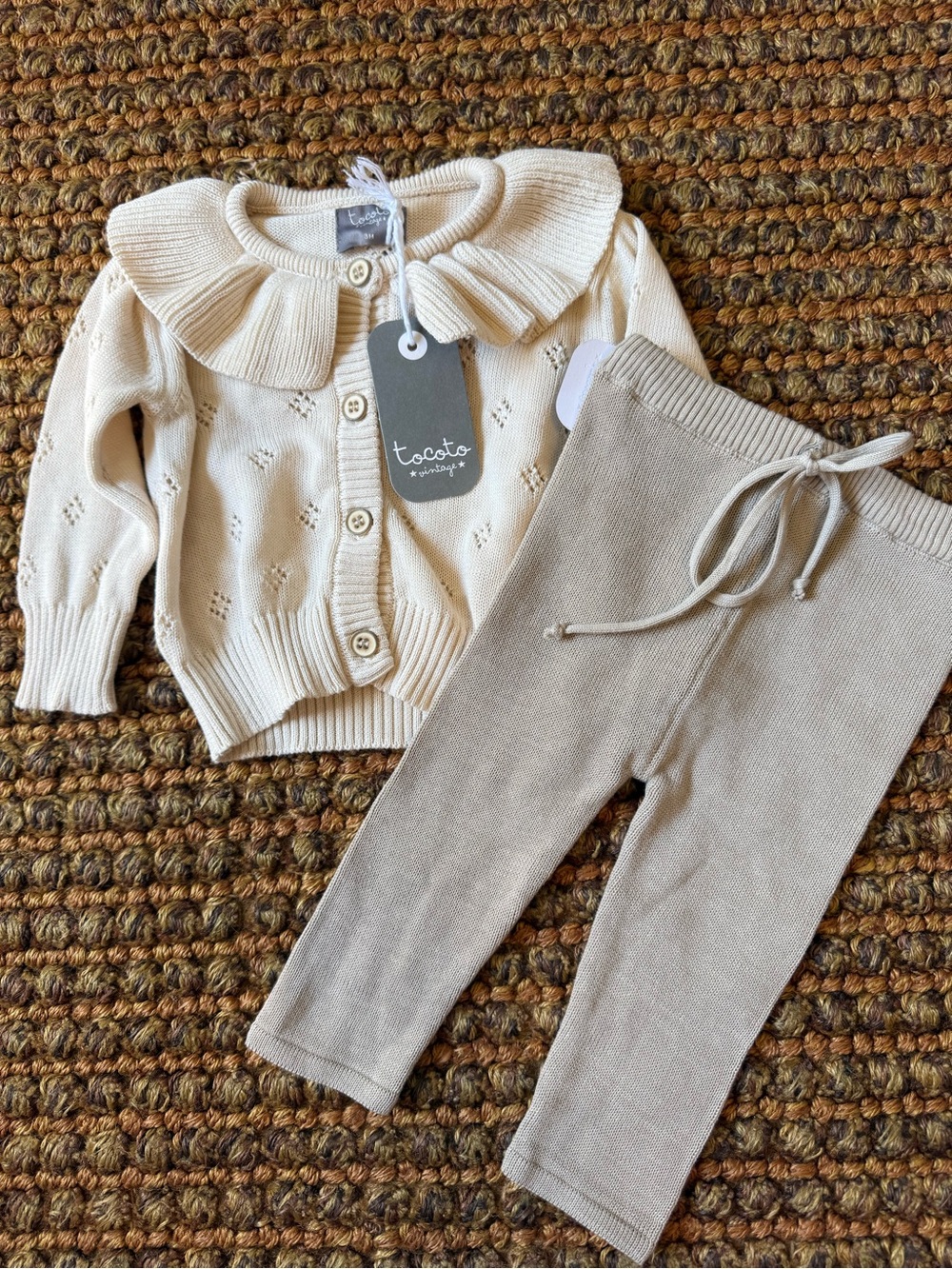 NWT Tocoto Vintage Cream Knit Ruffle Collar Cardigan & Tan Knit Pants Set Baby